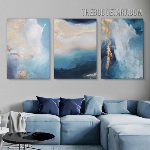 Indigo Smudges Abstract Modern Painting Picture 3 Panel Canvas Wall Art Prints for Room Décor