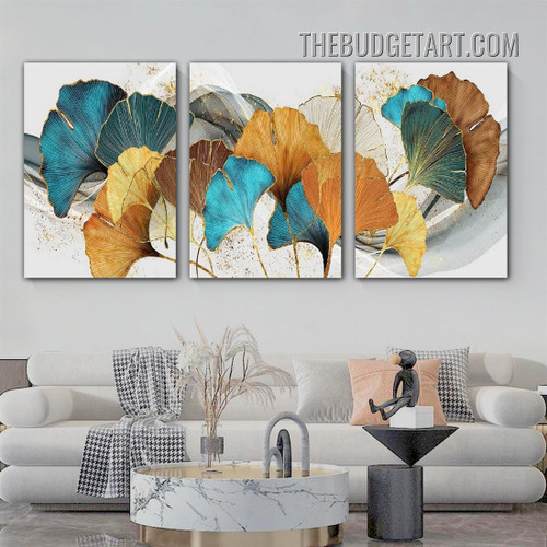 Particolored Ginkgo Leaves Nordic Modern Painting Picture 3 Piece Abstract Canvas Wall Art Prints for Room Drape
