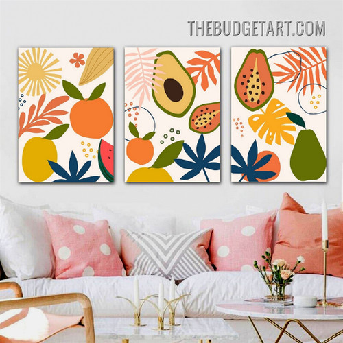 Tropical Leafage Fruits Abstract Modern Painting Picture 3 Panel Canvas Art Prints for Room Wall Tracery