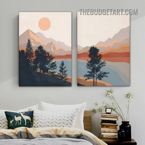 Hillside Aqua Sunset Scandinavian Painting Picture 2 Piece Abstract Canvas Art Prints for Room Wall Illumination