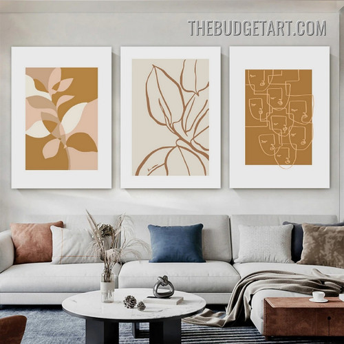 Face And Leaves Abstract Scandinavian Painting Picture 3 Piece Canvas Wall Art Prints for Room Outfit