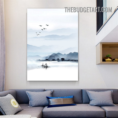 Misty Mountains Nordic Naturescape Watercolor Painting Picture Canvas Wall Art Print for Room Décor