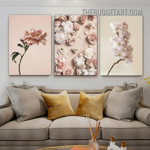 Dreamy Flowers Petals Abstract Floral Modern Painting Picture 3 Panel Canvas Wall Art Prints for Room Décor
