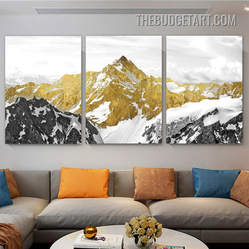 Golden Mountains Naturescape Modern Painting Picture 3 Piece Canvas Wall Art Prints for Room Illumination