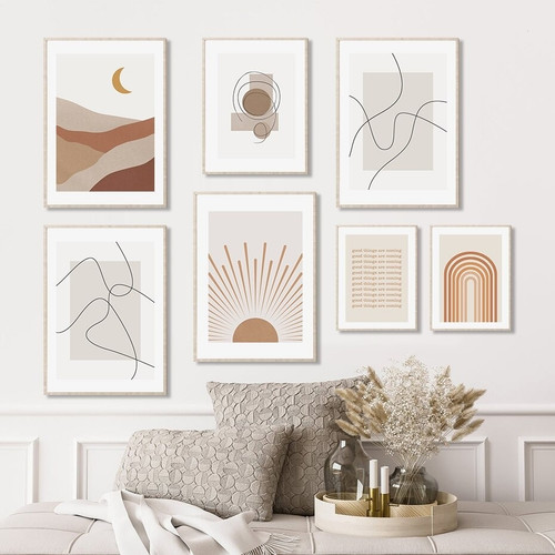Convoluted Lineaments Lines Scandinavian Abstract Geometric Set Picture 7 Multi Panel Canvas Print Artwork Set For Wall Hanging Garniture