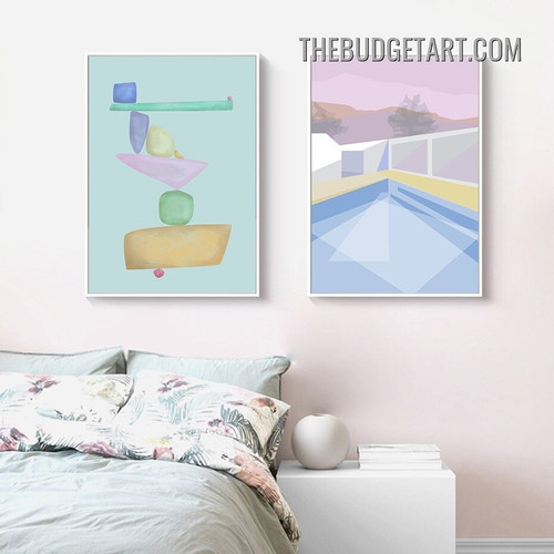 Hills With Swimming Pull Architecture Modern Painting Picture 2 Piece Canvas Art Prints for Room Wall Outfit
