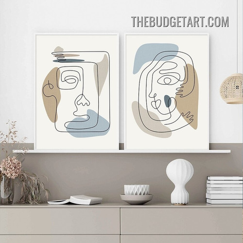 Line Drawing Face Abstract Modern Painting Picture 2 Piece Canvas Art Prints for Room Wall Outfit
