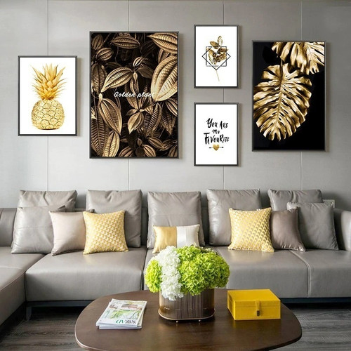 Golden Ananas Comosus Leaves Abstract Cheap 5 Multi Panel Nordic Wall Art Photograph Fruit Canvas Print for Room Assortment