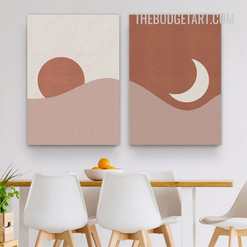 Moon Sun Landscape Scandinavian Painting Picture 2 Piece Abstract Canvas Art Prints for Room Wall Drape