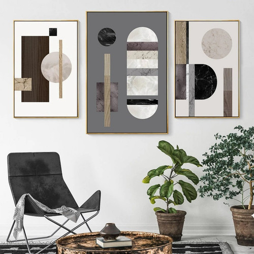 Tarnish Verses Marble Sketches Abstract Geometric 3 Multi Panel Modern Painting Set Photograph Canvas Print for Room Wall Drape