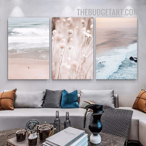 Seacoast Waves Landscape Modern Painting Picture 3 Piece Canvas Wall Art Prints for Room Tracery