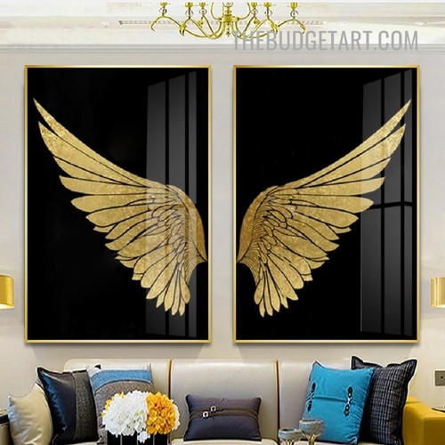 Golden Wings Abstract Modern Painting Picture 2 Piece Canvas Wall Art Prints for Room Tracery