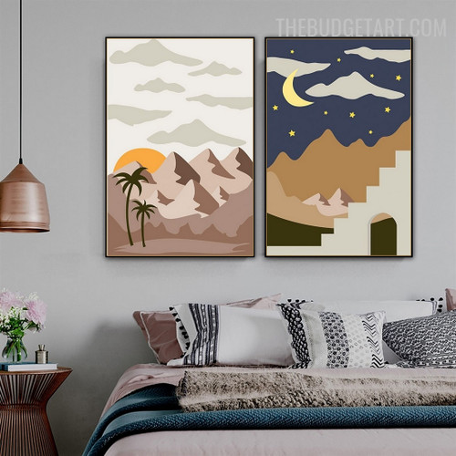 Sky Moon Abstract Landscape Modern Painting Image Canvas Print for Room Wall Trimming