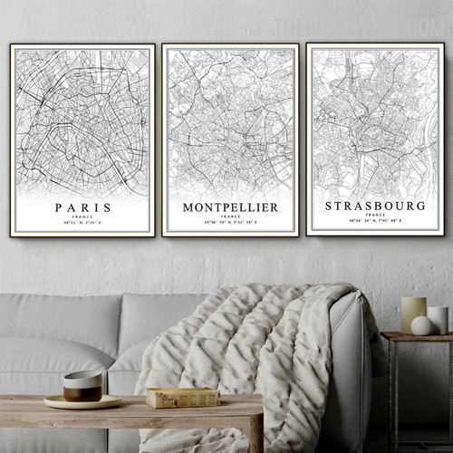 Paris France Abstract Map Modern Painting Photo Canvas Print for Room Wall Molding