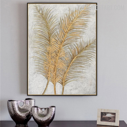 Golden Tropical Foliage Abstract Botanical Handmade Canvas Painting for Room Wall Disposition
