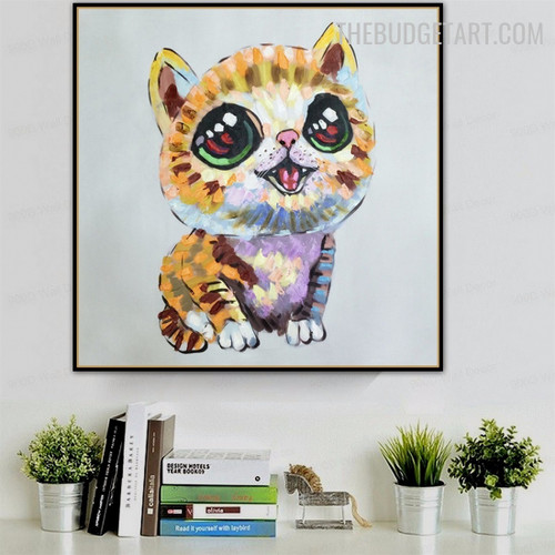 Cute Kitty Cat Handmade Canvas Animal Art Painting for Room Wall Décor