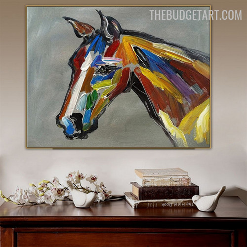 Motley Equine Handmade Animal Palette Knife Canvas Painting Done by Artist for Room Wall Decoration