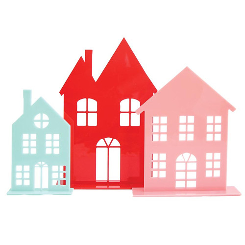 Acrylic Decoration - Holiday Houses - Red - Set of 3