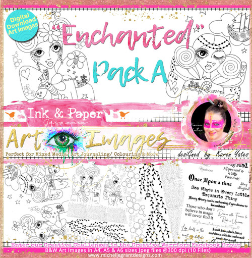 ENCHANTED - Art Image Pack ~ Pack A ~ By Karen Yates
B&W & Art Images in A4, A5 & A6 sizes & 1x A4 Quote & Pattern  Sheet - 10x Digital Jpeg files @300 dpi  
FULL PACK - (10 Files)
HALF PACK A&B - (6 Files)
