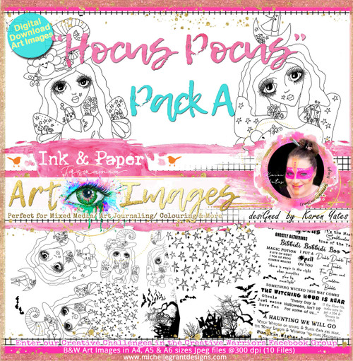 HOCUS POCUS - Art Image Pack ~ PACK A ~ By Karen Yates
B&W & Art Images in A4, A5 & A6 sizes & 1x A4 Quote & Pattern  Sheet - 10x Digital Jpeg files @300 dpi  
FULL PACK - (10 Files)
HALF PACK A&B - (6 Files)