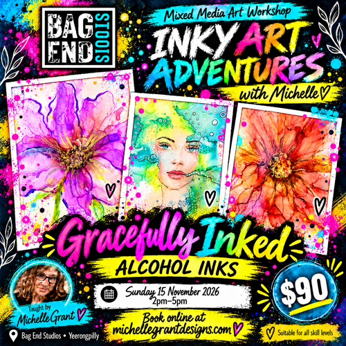 GRACEFULLY INKED – ALCOHOL INKS
Flowing Florals and More
With Michelle Grant
Suitable for all skill levels
Sunday 15 November 2026
2pm–5pm