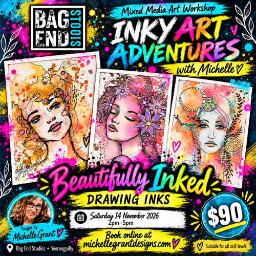 IN-PERSON CLASS AT BAG END STUDIO, BRISBANE
BEAUTIFULLY INKED – DRAWING INKS
With Michelle Grant

Suitable for all skill levels
Saturday 14 November 2026
2pm–5pm