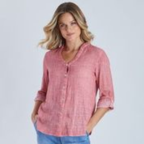 Cotton V Neck Shirt - Raspberry