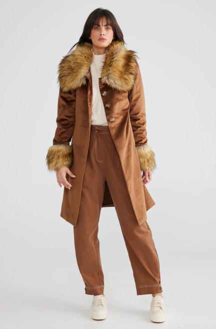 Urban Outfitters Uo Glam Faux-fur Trim Coat in Brown