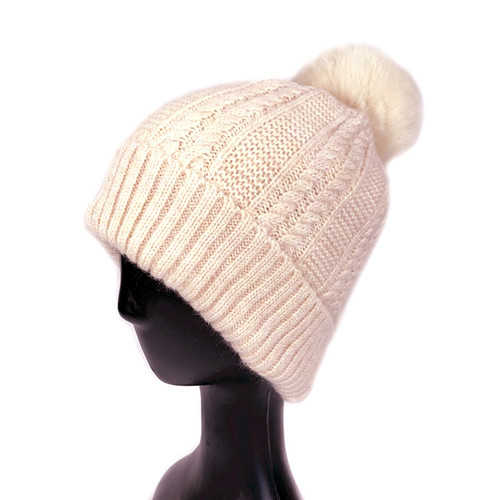 Patterned Pompom Beanie - Pale Pink