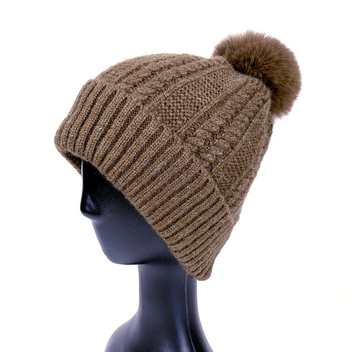 Patterned Pompom Beanie - Brown