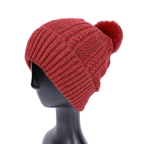 Patterned Pompom Beanie - Burgundy