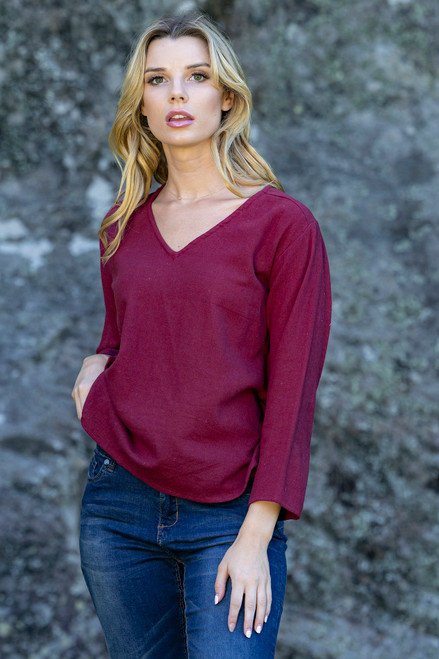 Long Sleeve Plain Top - Wine