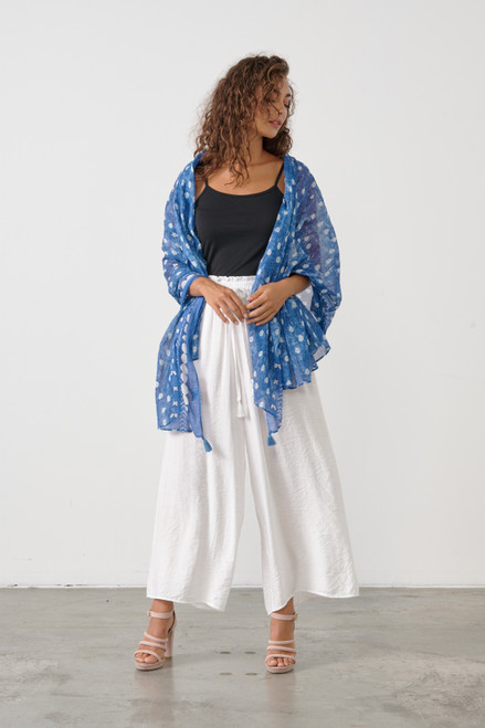 Tie Dye Print Scarf with Tassel - Blue