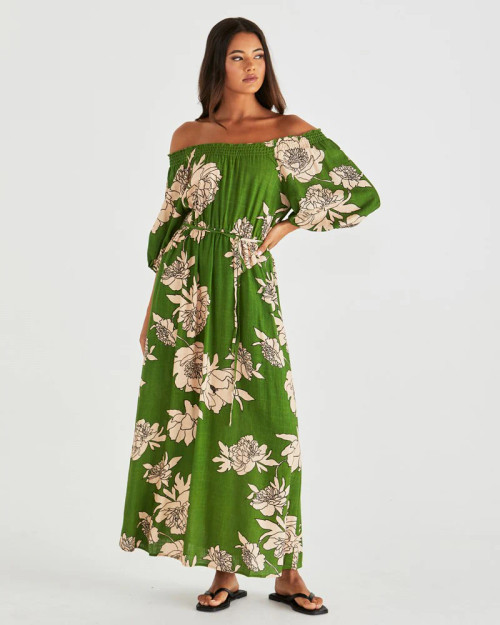 Antonie Off Shoulder Dress - Moonflower Green