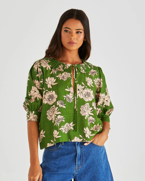 Antonie Pleated Blouse - Moonflower Green