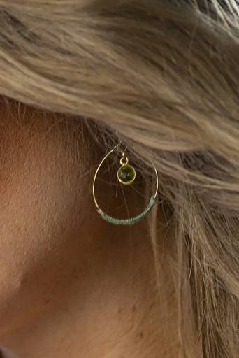 Drop Hoop Earring Green Stones - Gold