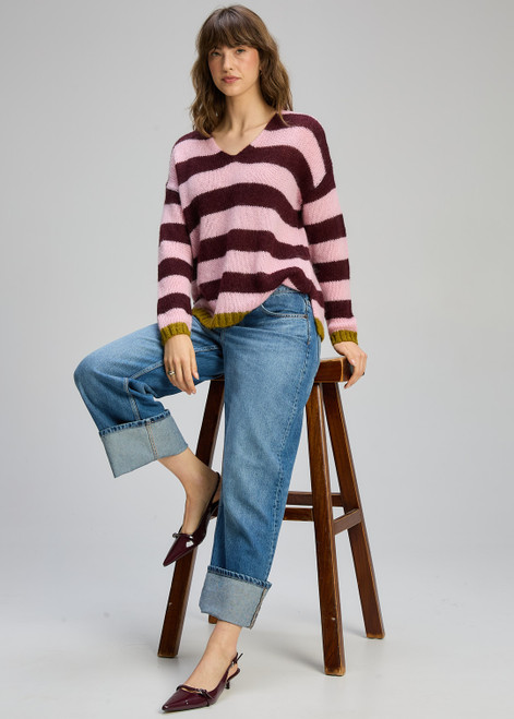 Cozy Kid Stripe V Neck  - Sugar Plum