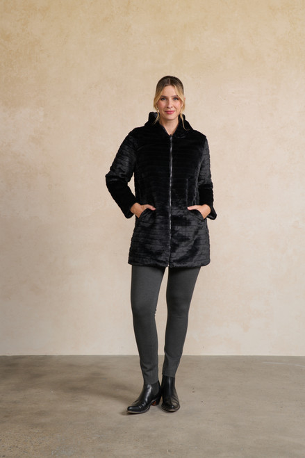 Reversible Coat with Faux Fur & Puffer - Black