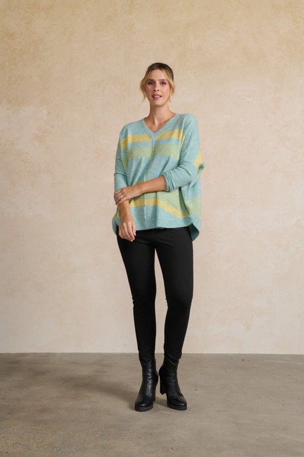 Stripped with Scoop Hem Jumper - Pine Lime