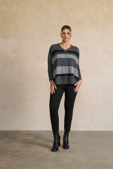 Stripped with Scoop Hem Jumper - Charcoal