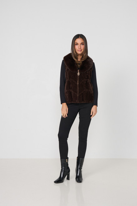 Faux Fur Collar Knit Vest - Chocolate