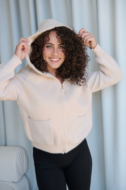 Fluffy Zip Through Hoodie with Rib Sleeves -  Honey