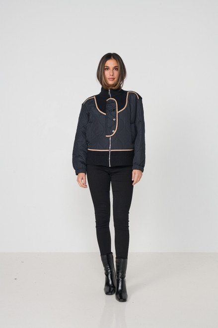 Puffer Jacket w/ Knit & Contrast Piping - Navy & Black