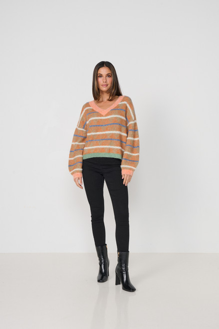 Multi Stripe V Neck Jumper - Orange