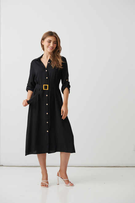 Button Through Shirt Dress with Waist Belt - Black