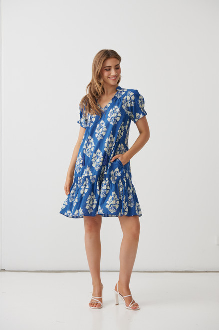 Drop Waist Dress with Shirring - Lapis Floral