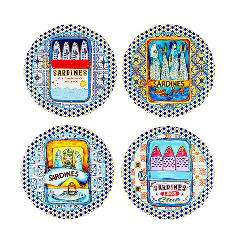 Napoli Ceramic Round Sardine Coasters - Set of 4