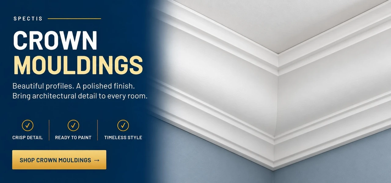 Spectis crown mouldings in polyurethane at a ceiling line. Shop crown mouldings.