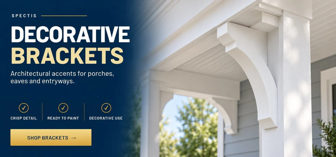 Spectis decorative brackets: white polyurethane porch and eave brackets on a home exterior, primed and ready to paint. Shop brackets below.