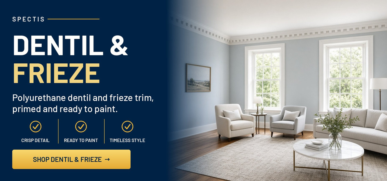 Spectis dentil & frieze: polyurethane dentil and frieze trim, primed and ready to paint